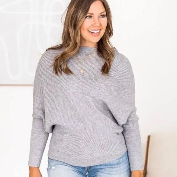 Pink Lily feeling your best off the shoulder gray rubbed sweater size large - Picture 1 of 9